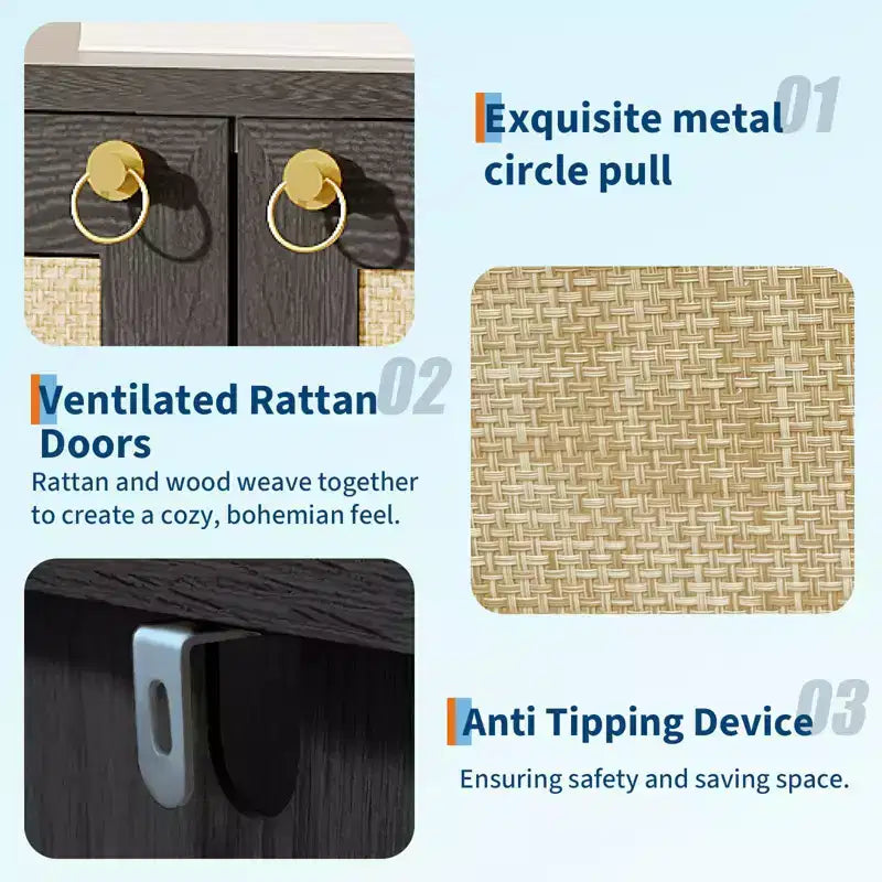 Meuble à chaussures en rotin pour entrée, armoire de rangement autoportante en bois à 5 niveaux de style rustique avec étagères réglables pour couloir et salon