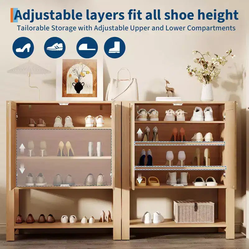 Meuble à chaussures en rotin pour entrée, armoire de rangement autoportante en bois à 5 niveaux de style rustique avec étagères réglables pour couloir et salon