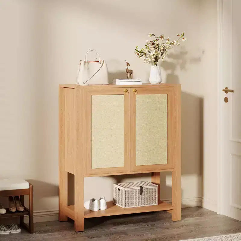 Rattan Shoe Cabinet for Entryway, Farmhouse 5 Tier Shoe Rack Freestanding Wood Storage Cabinet with Adjustable Shelves for Hallway Living Room