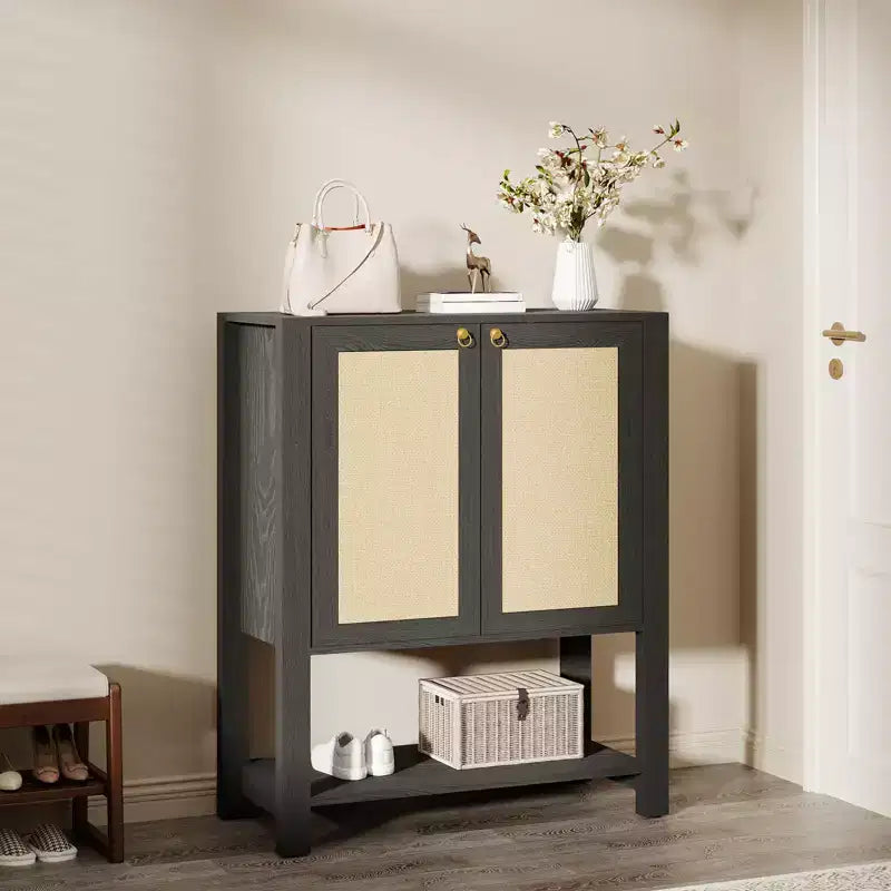 Meuble à chaussures en rotin pour entrée, armoire de rangement autoportante en bois à 5 niveaux de style rustique avec étagères réglables pour couloir et salon