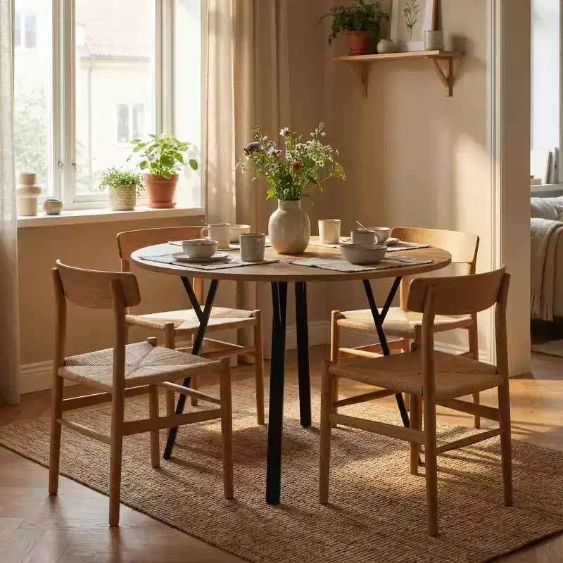 Table à manger ronde Homy Casa 35.4, plateau aspect bois, pieds en métal noir, 2 à 4 places