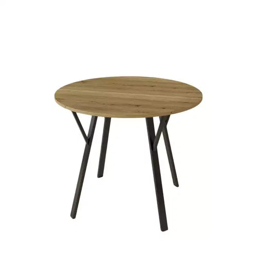 Table à manger ronde de 35,4 po, plateau aspect bois, pieds en métal noir, 2-4 places