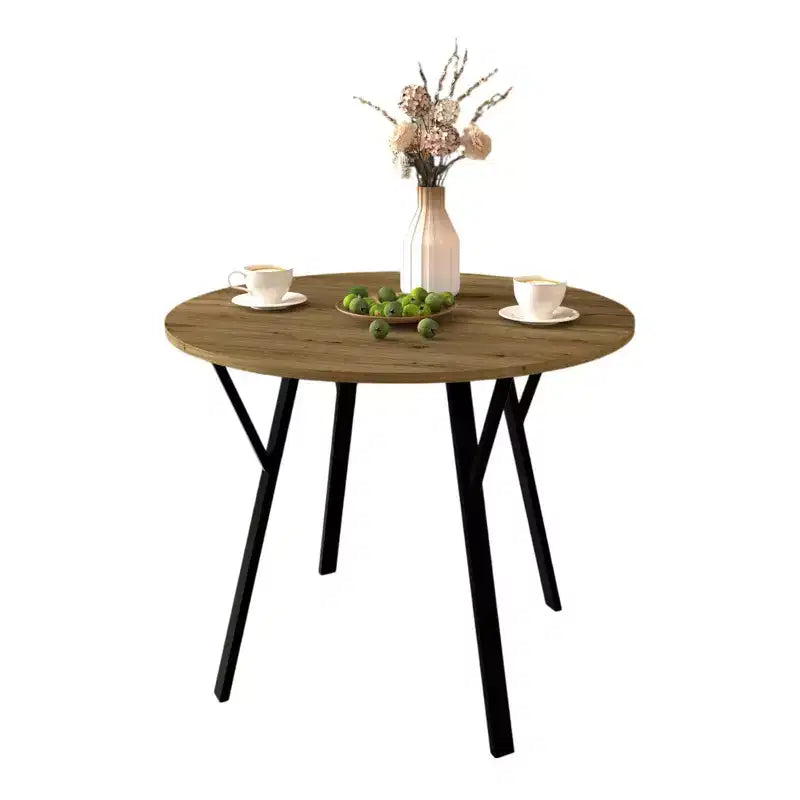 Table à manger ronde Homy Casa 35.4, plateau aspect bois, pieds en métal noir, 2 à 4 places