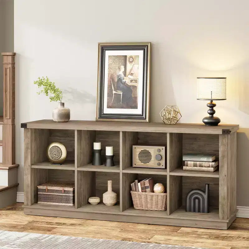 Étagère à 8 niveaux, longue étagère de rangement horizontale en bois, adaptée aux salons, aux entrées ou aux bureaux, robuste et durable.