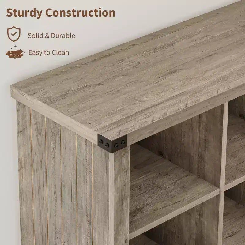 Étagère à 8 niveaux, longue étagère de rangement horizontale en bois, adaptée aux salons, aux entrées ou aux bureaux, robuste et durable.