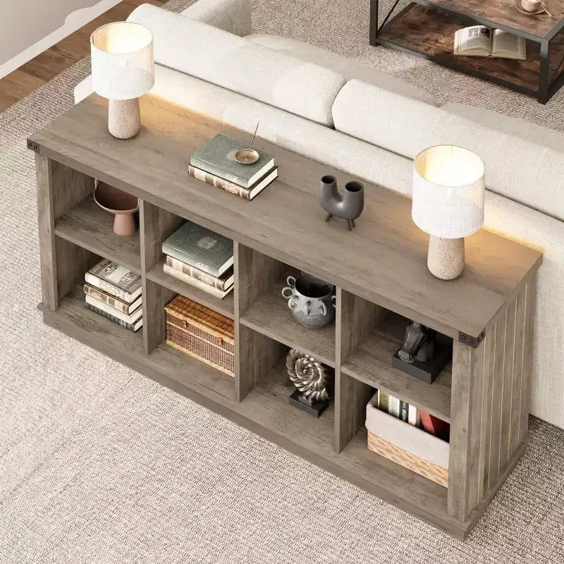 Étagère à 8 niveaux, longue étagère de rangement horizontale en bois, adaptée aux salons, aux entrées ou aux bureaux, robuste et durable.