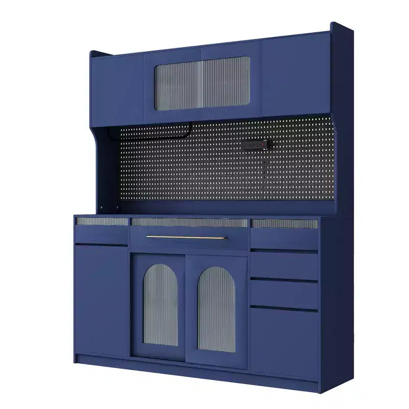 Buffet autoportant de 160 cm de large et grand meuble de rangement pour bar à café avec surmeuble, 6 tiroirs, 5 armoires - Bleu