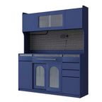 Buffet autoportant de 160 cm de large et grand meuble de rangement pour bar à café avec surmeuble, 6 tiroirs, 5 armoires - Bleu