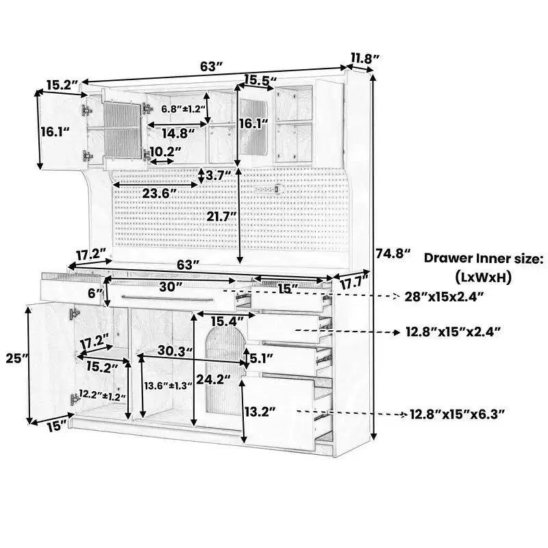 Buffet autoportant de 160 cm de large et grand meuble de rangement pour bar à café avec surmeuble, 6 tiroirs, 5 armoires - Bleu