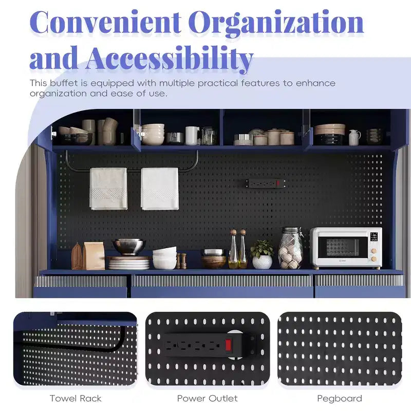 Buffet autoportant de 160 cm de large et grand meuble de rangement pour bar à café avec surmeuble, 6 tiroirs, 5 armoires - Bleu