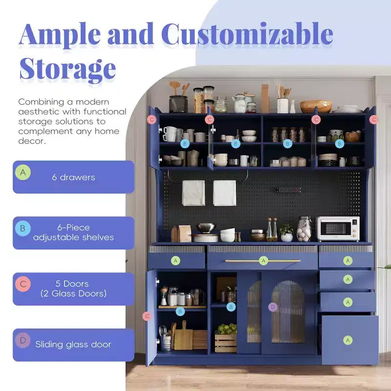 Buffet autoportant de 160 cm de large et grand meuble de rangement pour bar à café avec surmeuble, 6 tiroirs, 5 armoires - Bleu