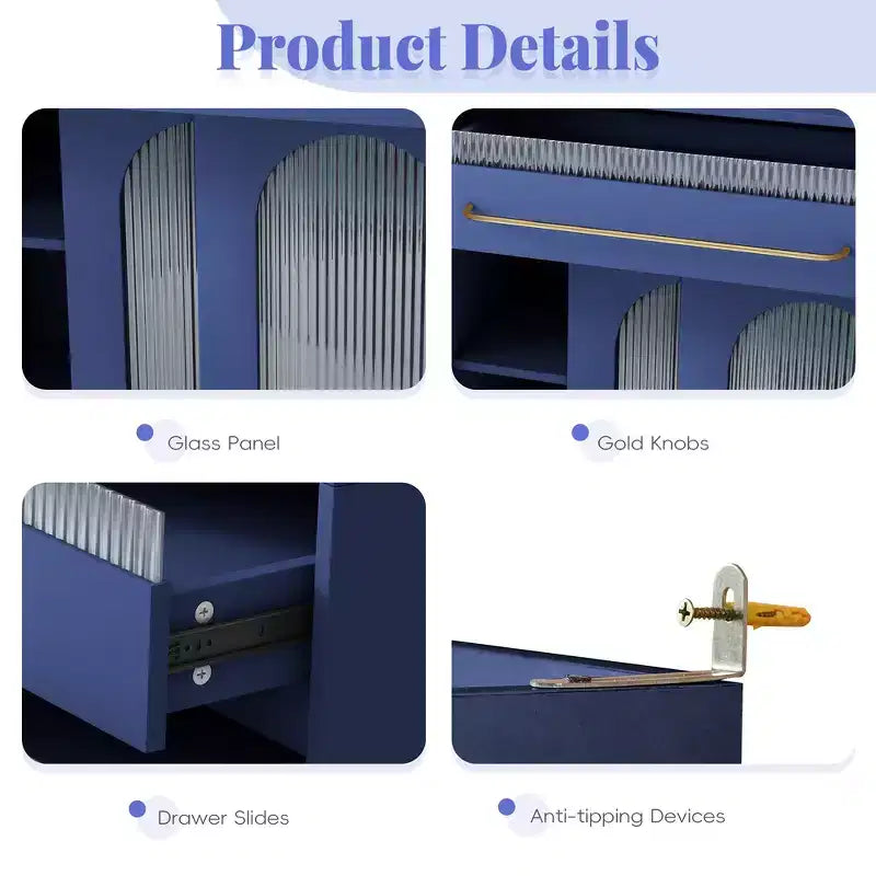 Buffet autoportant de 160 cm de large et grand meuble de rangement pour bar à café avec surmeuble, 6 tiroirs, 5 armoires - Bleu