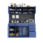 Buffet autoportant de 160 cm de large et grand meuble de rangement pour bar à café avec surmeuble, 6 tiroirs, 5 armoires - Bleu