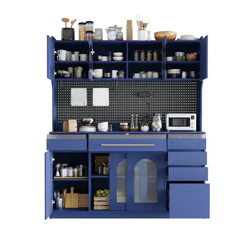 Buffet autoportant de 160 cm de large et grand meuble de rangement pour bar à café avec surmeuble, 6 tiroirs, 5 armoires - Bleu