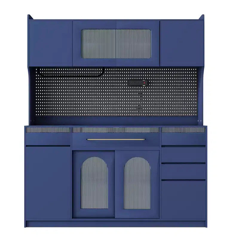Buffet autoportant de 160 cm de large et grand meuble de rangement pour bar à café avec surmeuble, 6 tiroirs, 5 armoires - Bleu
