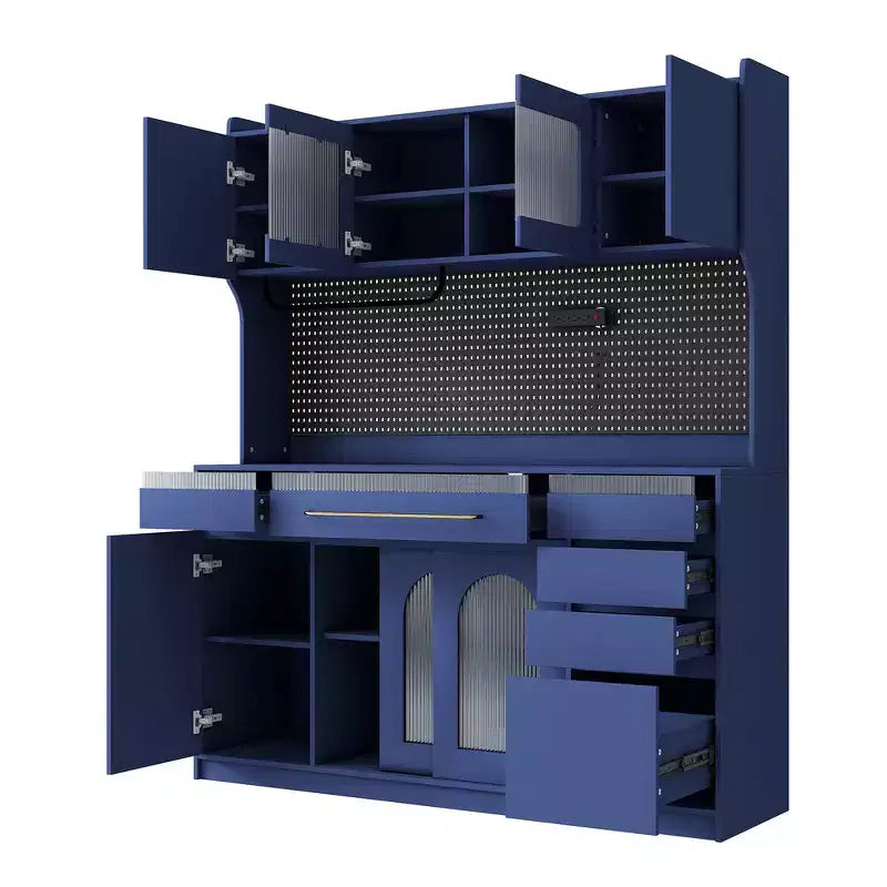 Buffet autoportant de 160 cm de large et grand meuble de rangement pour bar à café avec surmeuble, 6 tiroirs, 5 armoires - Bleu