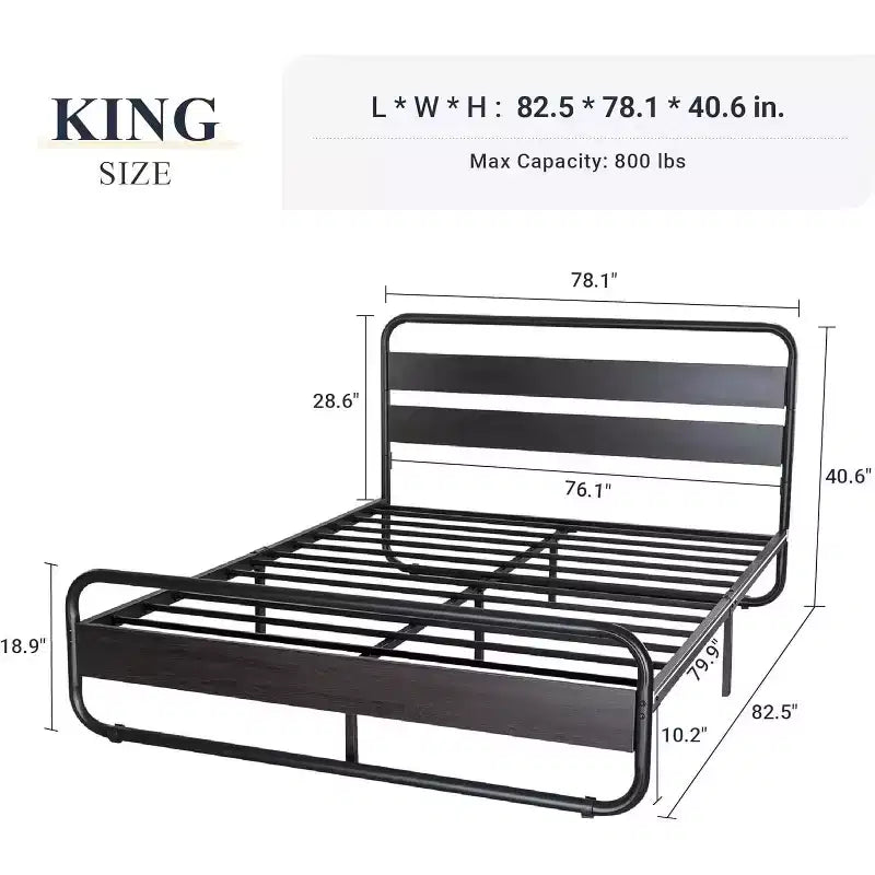 Lit King Size en métal avec tête et pied de lit incurvés en bois, cadre de lit plateforme robuste, rangement sous le lit, montage facile, noir