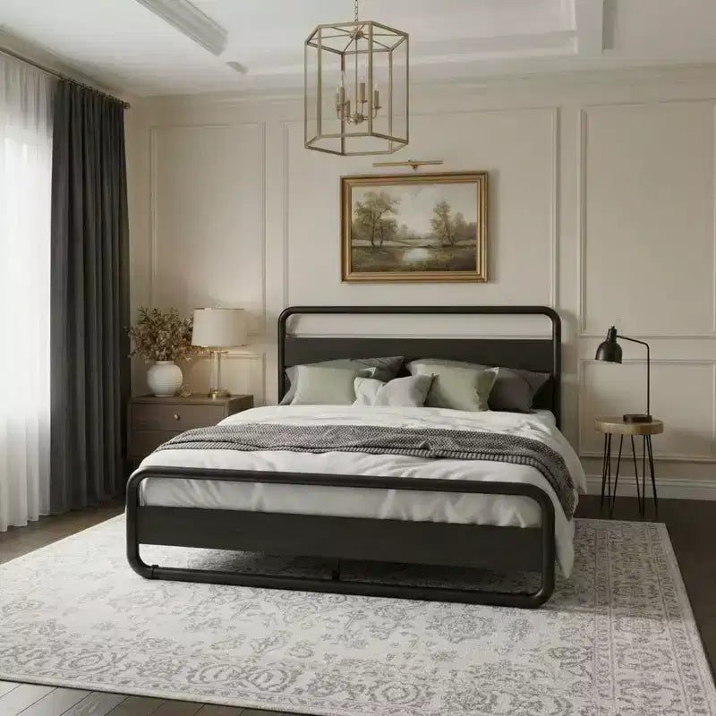 Lit King Size en métal avec tête et pied de lit incurvés en bois, cadre de lit plateforme robuste, rangement sous le lit, montage facile, noir