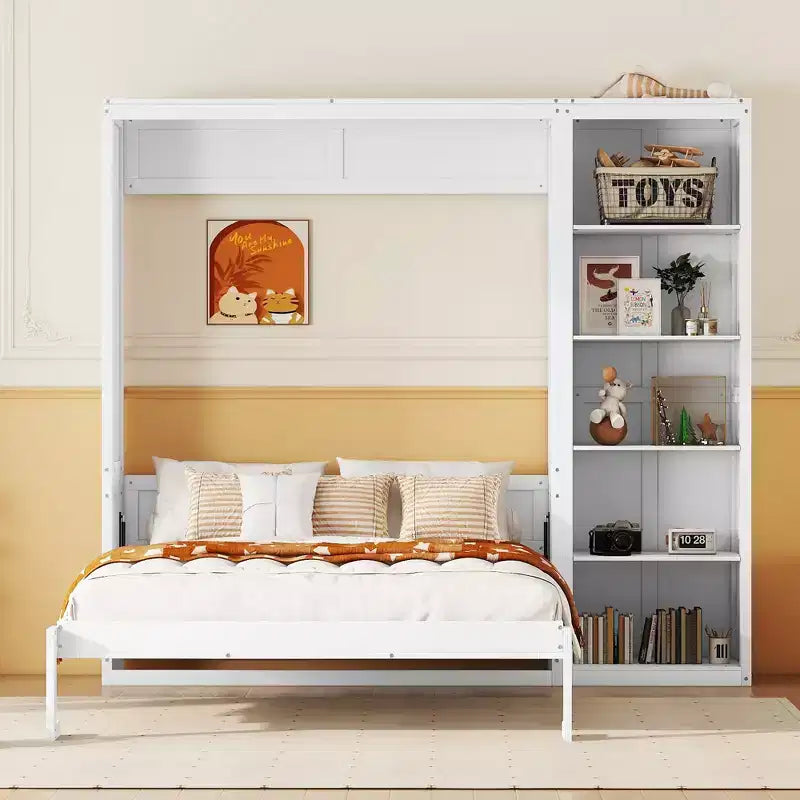 Lit mural escamotable double/grand lit avec étagères, armoire de lit escamotable peu encombrante pour chambre d'amis ou bureau à domicile