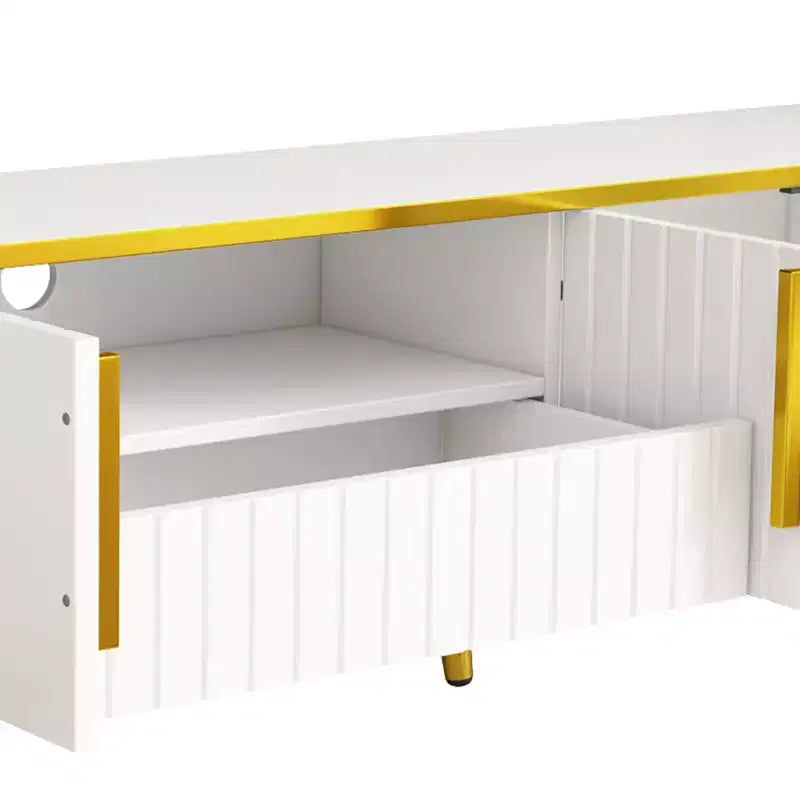 Meuble TV de Luxe Minimaliste de 85 pouces, Meuble TV Moderne du Milieu du Siècle avec Étagère de Rangement Ouverte, Table Console TV avec Armoires et Tiroirs