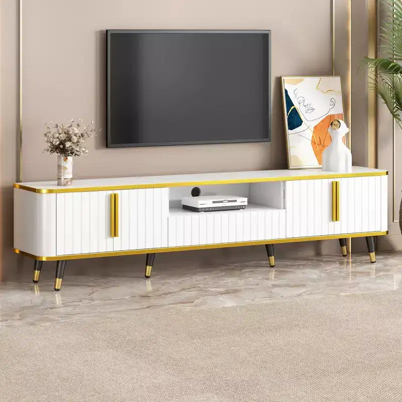 Meuble TV de Luxe Minimaliste de 85 pouces, Meuble TV Moderne du Milieu du Siècle avec Étagère de Rangement Ouverte, Table Console TV avec Armoires et Tiroirs