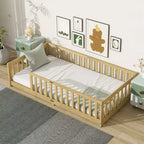Bellemave Twin Floor Bed with Fence, Solid Rubber Wood Montessori Bed Frame for Kids, Low Profile Design with Slats, Natural Finish