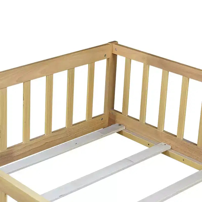 Lit au sol jumeau Bellemave avec clôture, cadre de lit Montessori en bois d'hévéa massif pour enfants, design discret avec lattes, finition naturelle