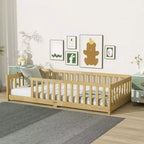 Lit au sol jumeau Bellemave avec clôture, cadre de lit Montessori en bois d'hévéa massif pour enfants, design discret avec lattes, finition naturelle