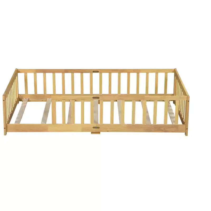 Lit au sol jumeau Bellemave avec clôture, cadre de lit Montessori en bois d'hévéa massif pour enfants, design discret avec lattes, finition naturelle