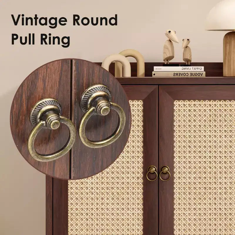 Meuble Buffet Commode avec Rangement et Portes Décorées en Rotin, Buffets Vintage pour Salle à Manger, Salon, Couloir