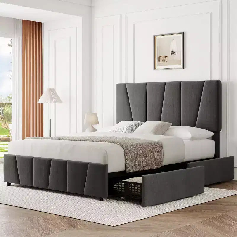 Cadre de lit rembourré avec tête de lit réglable, plusieurs tiroirs de rangement, cadre de lit en bois, matelas sans ressorts, meubles de chambre modernes