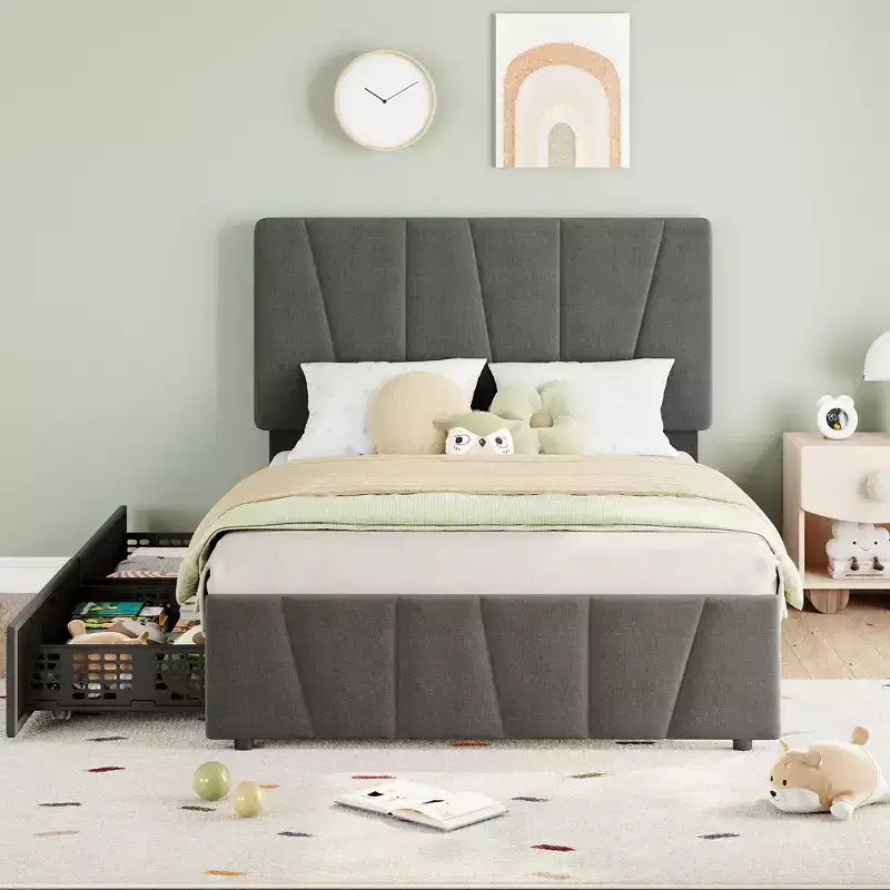 Cadre de lit rembourré avec tête de lit réglable, plusieurs tiroirs de rangement, cadre de lit en bois, matelas sans ressorts, meubles de chambre modernes