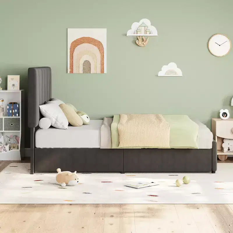 Cadre de lit rembourré avec tête de lit réglable, plusieurs tiroirs de rangement, cadre de lit en bois, matelas sans ressorts, meubles de chambre modernes