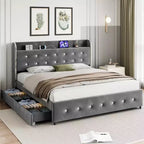 Cadre de lit avec 4 tiroirs de rangement, plateforme tapissée en velours supportant 450 kg, gris, GRAND LIT