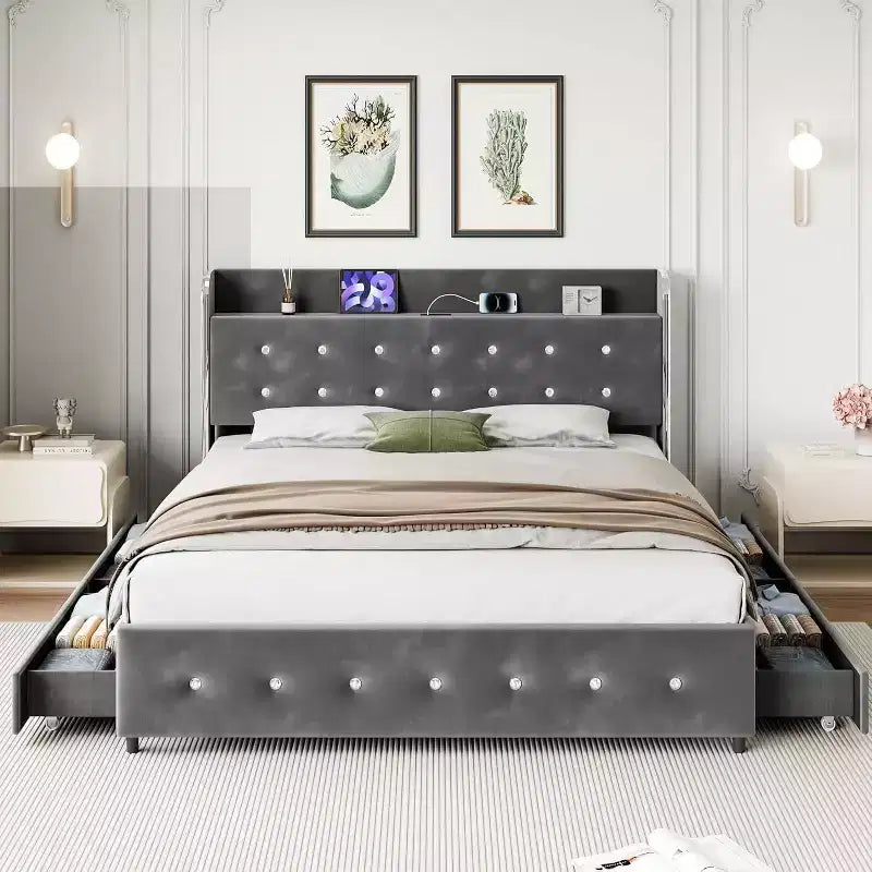 Cadre de lit avec 4 tiroirs de rangement, plateforme tapissée en velours supportant 450 kg, gris, GRAND LIT