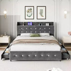 Cadre de lit avec 4 tiroirs de rangement, plateforme tapissée en velours supportant 450 kg, gris, GRAND LIT