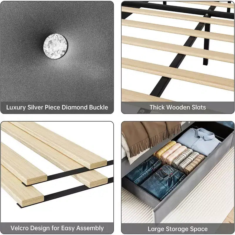 Cadre de lit avec 4 tiroirs de rangement, plateforme tapissée en velours supportant 450 kg, gris, GRAND LIT