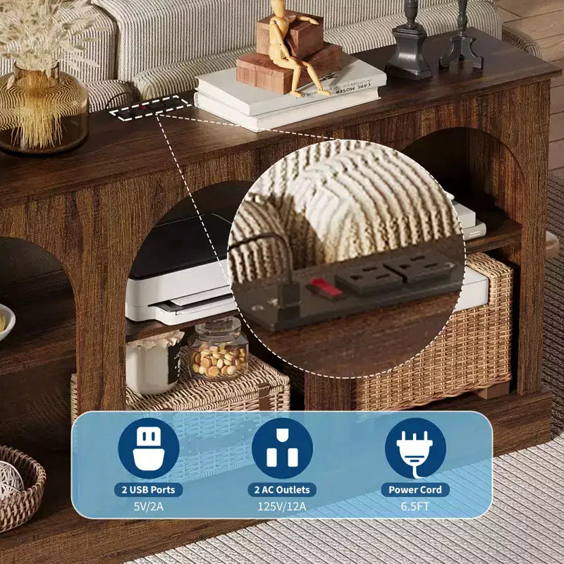 Meuble TV Console avec Prises, Meuble TV Moderne à 3 Niveaux Arqué de 160 cm avec Station de Recharge et Étagères Ouvertes pour TV de 65/70 pouces