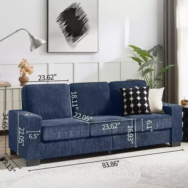 Canapé trois places en velours côtelé 83 po avec porte-gobelets, canapé nuage moderne moelleux pour salons, appartements compacts et bureaux