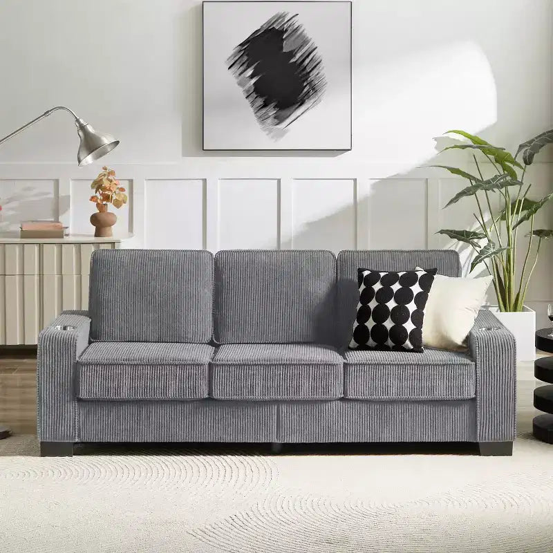 Canapé trois places en velours côtelé 83 po avec porte-gobelets, canapé nuage moderne moelleux pour salons, appartements compacts et bureaux