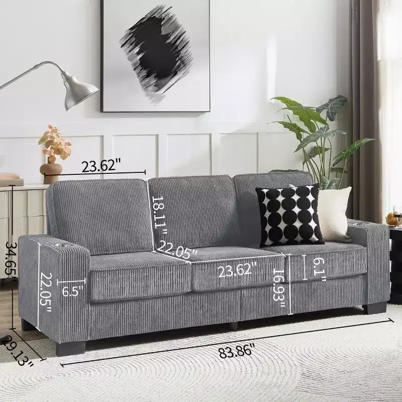 Canapé trois places en velours côtelé 83 po avec porte-gobelets, canapé nuage moderne moelleux pour salons, appartements compacts et bureaux