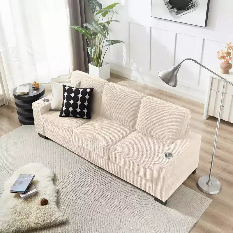 Canapé trois places en velours côtelé 83 po avec porte-gobelets, canapé nuage moderne moelleux pour salons, appartements compacts et bureaux