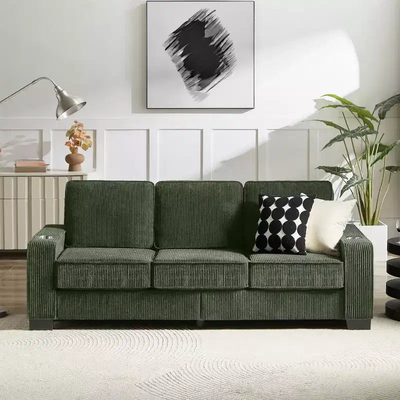 Canapé trois places en velours côtelé 83 po avec porte-gobelets, canapé nuage moderne moelleux pour salons, appartements compacts et bureaux