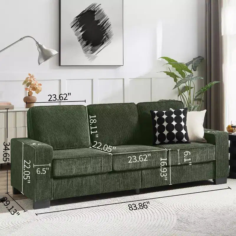 Canapé trois places en velours côtelé 83 po avec porte-gobelets, canapé nuage moderne moelleux pour salons, appartements compacts et bureaux