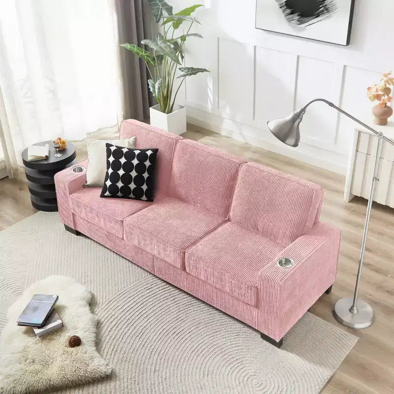 Canapé trois places en velours côtelé 83 po avec porte-gobelets, canapé nuage moderne moelleux pour salons, appartements compacts et bureaux