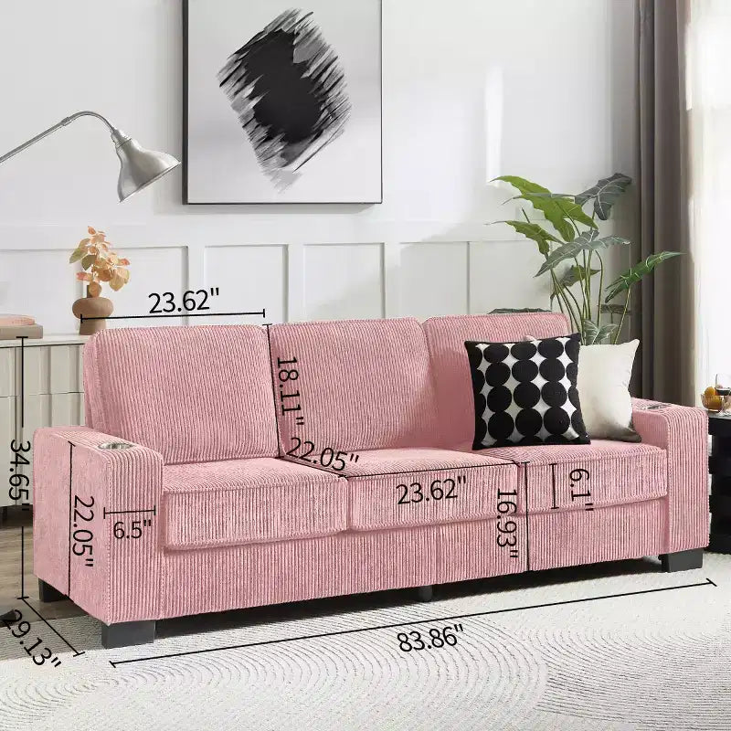 Canapé trois places en velours côtelé 83 po avec porte-gobelets, canapé nuage moderne moelleux pour salons, appartements compacts et bureaux