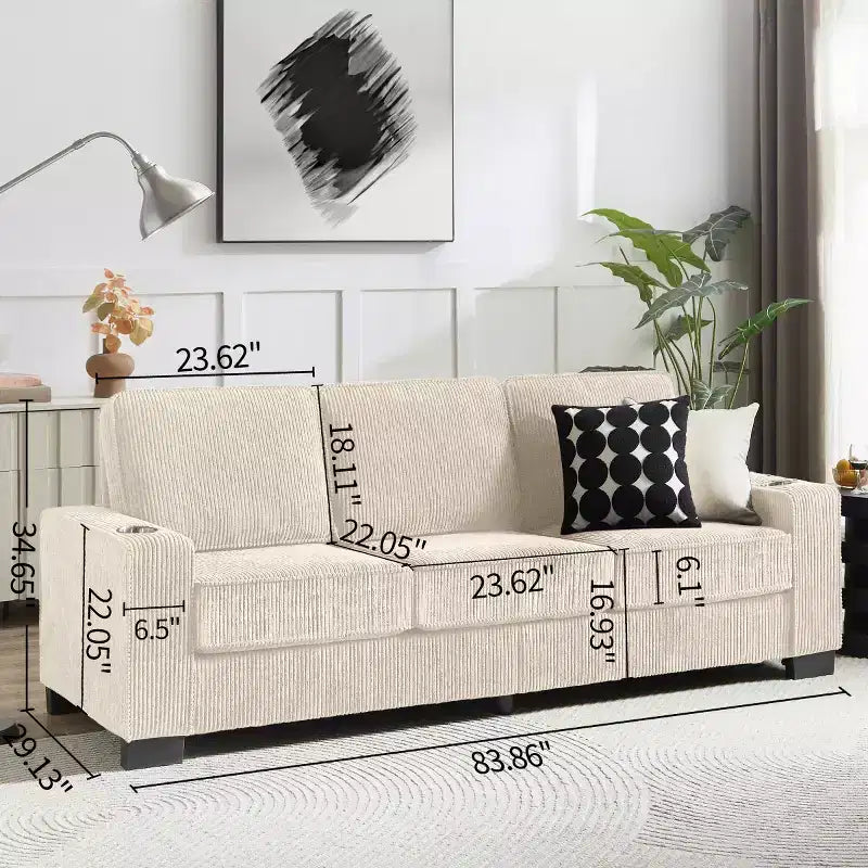 Canapé trois places en velours côtelé 83 po avec porte-gobelets, canapé nuage moderne moelleux pour salons, appartements compacts et bureaux