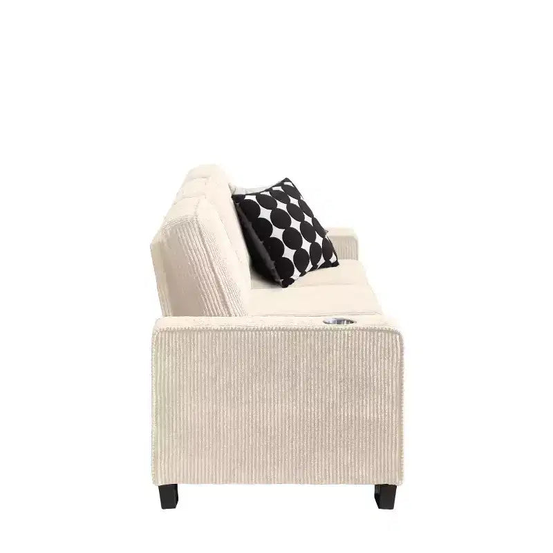 Canapé trois places en velours côtelé 83 po avec porte-gobelets, canapé nuage moderne moelleux pour salons, appartements compacts et bureaux