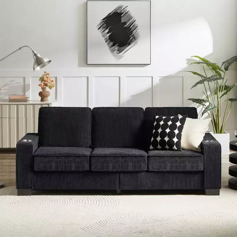 Canapé trois places en velours côtelé 83 po avec porte-gobelets, canapé nuage moderne moelleux pour salons, appartements compacts et bureaux