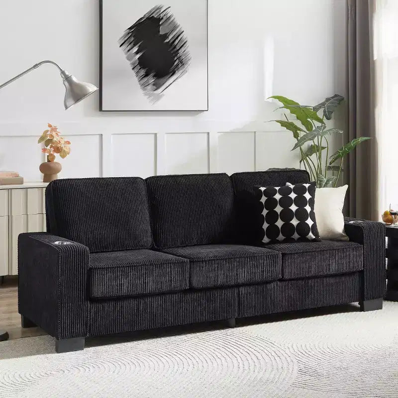 Canapé trois places en velours côtelé 83 po avec porte-gobelets, canapé nuage moderne moelleux pour salons, appartements compacts et bureaux